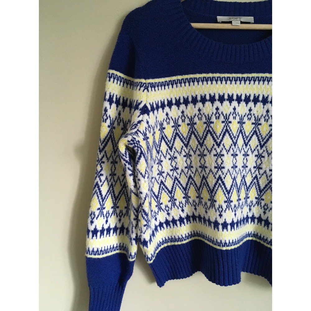 Loft Womens Blue White Yellow Fair Isle Geometric Knit Crew Neck Sweater Large - Picture 4 of 6